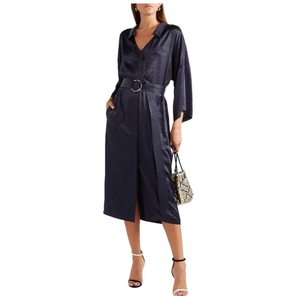 Sally LaPointe Crushed Satin Kimono Midi Shirt Dress - Navy Blue - Size 0 - NWT